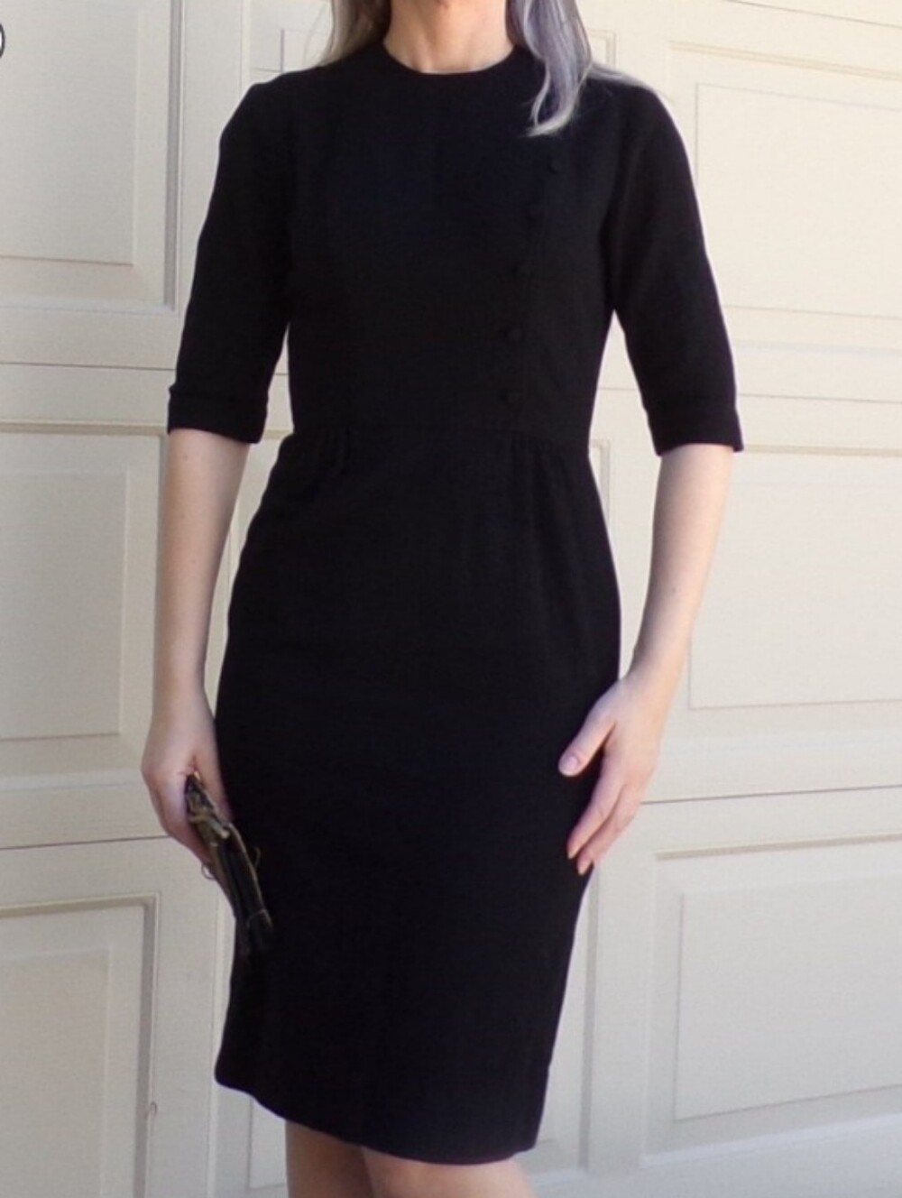 BLACK WOOL SHEATH dress vintage 1960's johnnye jr S